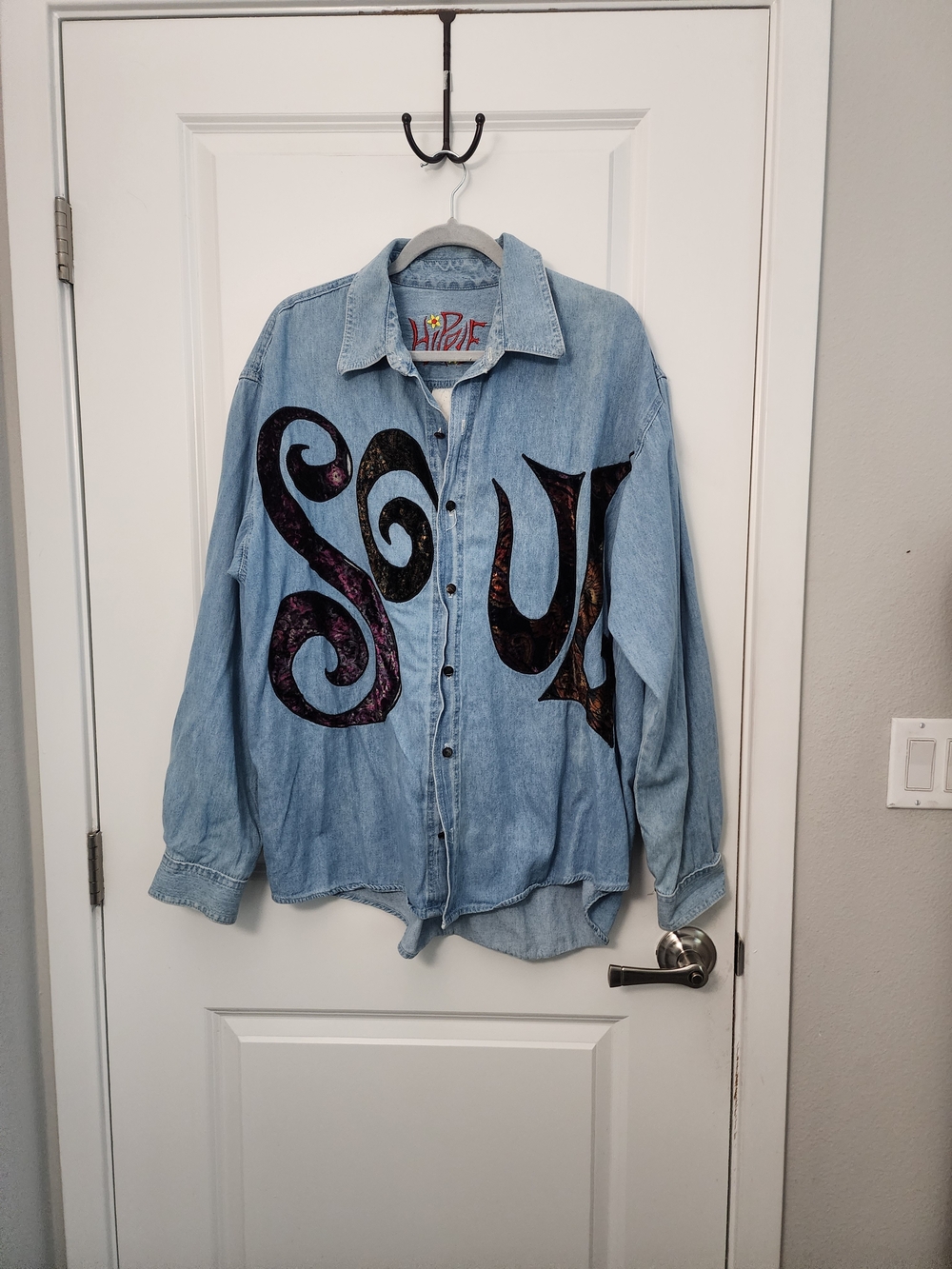 Vintage Hippie  Denim Button-Up Shirt with Large 'SOUL' Graphic